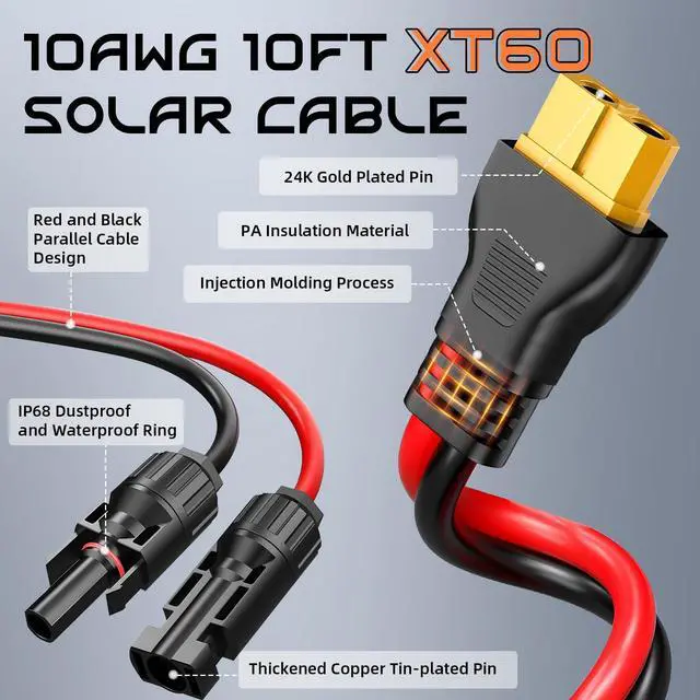 Alt view image 2 of 7 - 10FT 10AWG XT60 Solar Charging Cable, Solar Panel Connector to XT60 Extension Charge Adapter Cable with Caps & Wire Ties for LiFePO4 Battery RV Portable Power Station Ecoflow Generator
