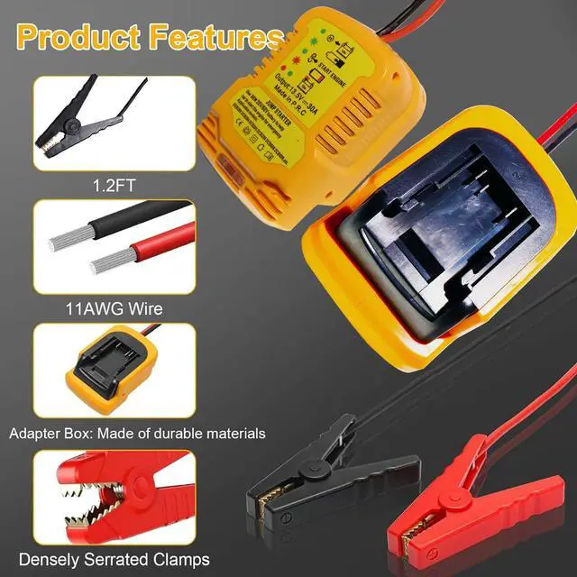 Alt view image 2 of 7 - CarJump Starter, Jumper Starter Adapter for DeWalt 20V 60V Battery, Jumper Cables 11AWG 1.2FT Automotive Booster Cable for Jump Starting Car Using Tool Battery