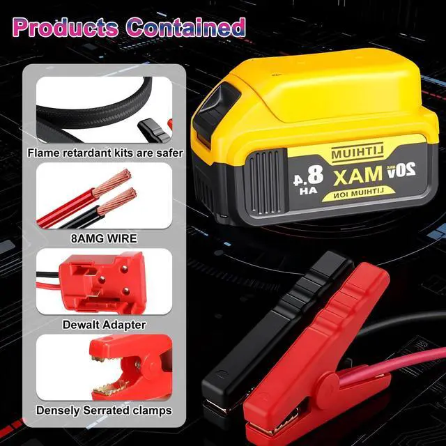 Alt view image 5 of 7 - Jumper Cable Clamps Compatible with Dewalt 20V Battery, 2.95FT 8AWG Silicone Wire Jumper Starter, Automotive Booster Cable for Jump Starting Car Using Tool Battery, 200°C Heat Resistant