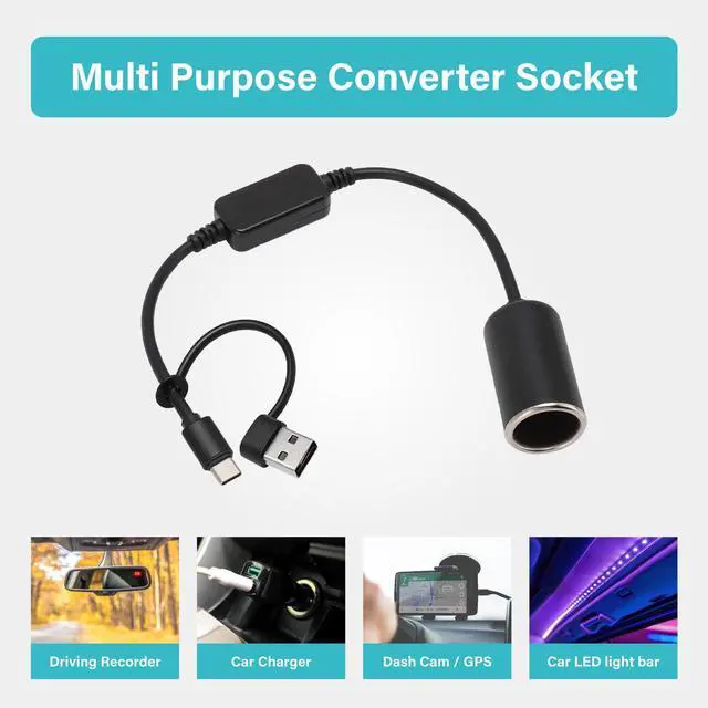 Alt view image 3 of 5 - USB to Cigarette Lighter Adapter, 35cm Cable, USB A & C Input 5V, 12V Car Cigarette Lighter Socket Output, Power Converter for Dash Cam, GPS, LED Lights& More(12W Max)