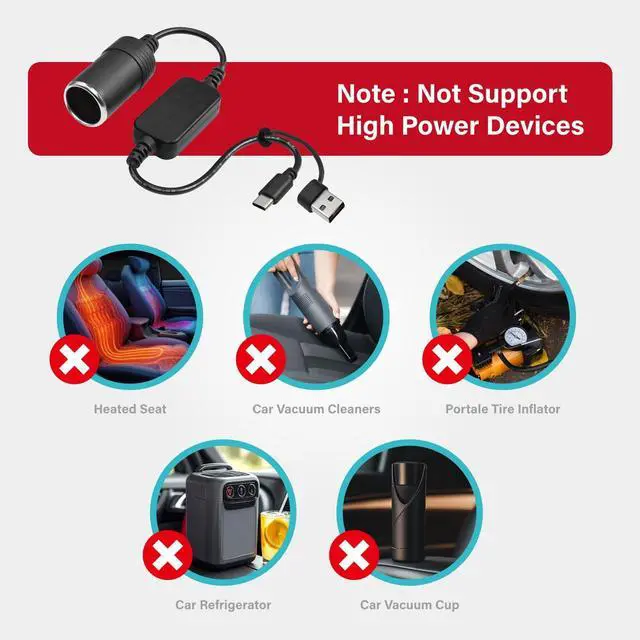 Alt view image 4 of 5 - USB to Cigarette Lighter Adapter, 35cm Cable, USB A & C Input 5V, 12V Car Cigarette Lighter Socket Output, Power Converter for Dash Cam, GPS, LED Lights& More(12W Max)