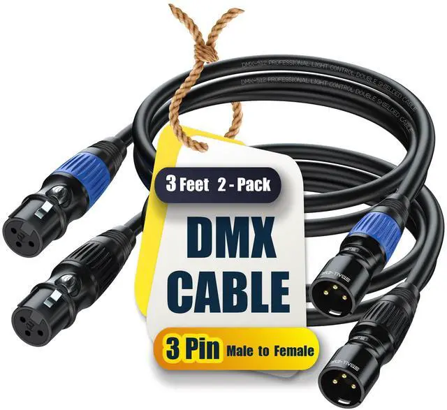Main image of 3 Pin DMX Cables 3 ft 2 Pack - Premium 3 Pin Male to 3 Pin Female - DMX Cable for Stage Lighting, Multi-Color Coded