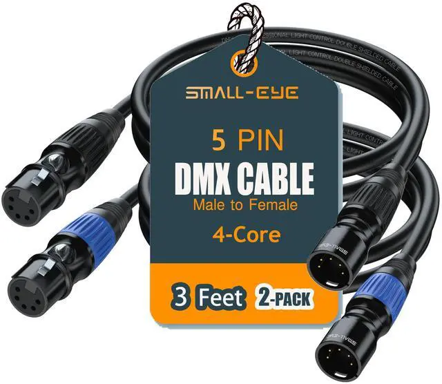 Main image of 5 Pin DMX Cable 3 ft 2-Pack 4-Core Male to Female Stage Lighting Cable for DMX512 Controller, Multi-Color Coded (3')