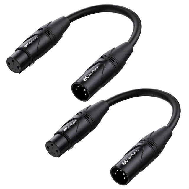 Main image of 2-Pack 5 Pin to 3 Pin DMX Lighting Cable - 6 Inches, 5Pin Male to 3Pin Female XLR/DMX Adapter Cable, Black