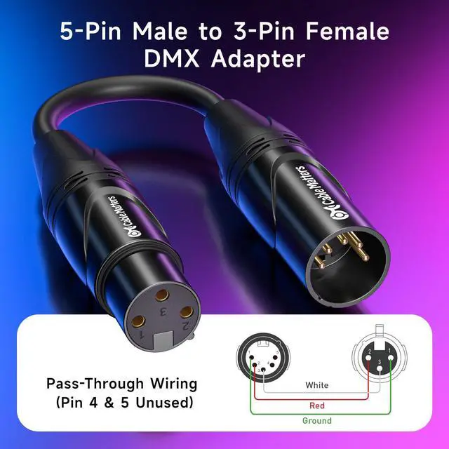 Alt view image 2 of 7 - 2-Pack 5 Pin to 3 Pin DMX Lighting Cable - 6 Inches, 5Pin Male to 3Pin Female XLR/DMX Adapter Cable, Black