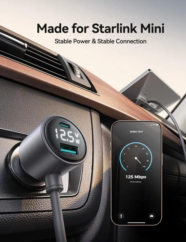Alt view image 2 of 7 - Starlink Mini Car Adapter, 10FT Starlink Mini Cable, Digital Voltage & Wattage Display, 12V-24V Cigarette Lighter Car Charger PD 45W USB-C & 30W USB-A Ports for RV, Boat & Truck