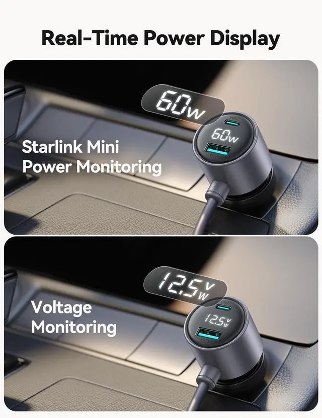 Alt view image 3 of 7 - Starlink Mini Car Adapter, 10FT Starlink Mini Cable, Digital Voltage & Wattage Display, 12V-24V Cigarette Lighter Car Charger PD 45W USB-C & 30W USB-A Ports for RV, Boat & Truck