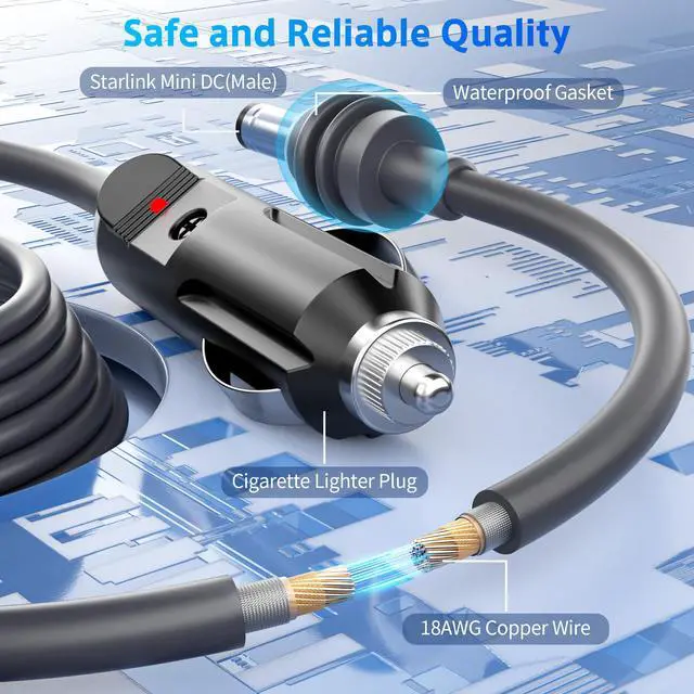 Alt view image 3 of 6 - Starlink Mini Cable 12V 24V Car Adapter 10FT/3M Cigarette Lighter to DC Cord Replacement DC Power Cable 18AWG for Starlink Charging Cord Waterproof