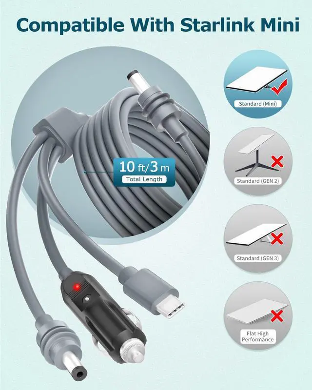 Alt view image 2 of 6 - Starlink Mini 3 in 1 DC Power Cable 10FT/3M, Starlink Mini 12V-24V Car Cigarette Lighter Charger Adapter USB C to DC Power Cord for Star Link mini Accessories PD100W 5.5 * 2.1mm 18AWG Waterproof