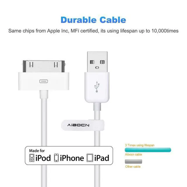 Alt view image 2 of 7 - MFi Certified 30 Pin Sync and Charge Dock Cable for iPhone 4 4S / iPad 1 2 3 / iPod Nano/iPod Touch - White