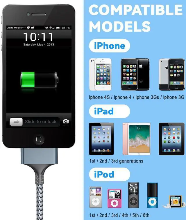 Alt view image 4 of 7 - 10FT USB C to 30Pin Charger Cable Replacement Charging Cord Compatible with i-Phone 4/4s/3G/3GS & i-Pad 1 2 3 & i-Pod Touch 4 3 2 1, Classic/Nano Series 2 3 4 5 6
