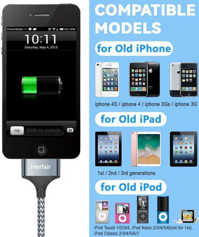 Alt view image 3 of 7 - USB C to 30 Pin Charger Cable with Modern Type-C Connector Charging Cord Compatible with iPhone 4/4s/3G/3GS & iPad 1 2 3 & iPod Touch 4 3 2 1 Classic/Nano 2 3 4 5 6 (6.5FT)