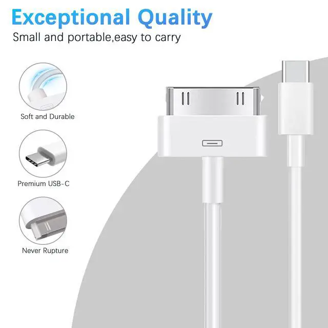 Alt view image 2 of 7 - 30-Pin to USB C Adapter Cable for iPhone, iPad, iPod 3ft (Next-Generation Data Cable/Charging Cable from USB C to Dock Connector for iPhone 4S/4/3G/3/1, iPad 3/2/1, iPod, White