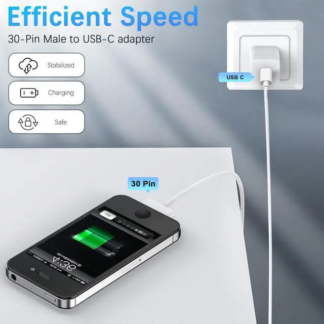 Alt view image 7 of 7 - 30-Pin to USB C Adapter Cable for iPhone, iPad, iPod 3ft (Next-Generation Data Cable/Charging Cable from USB C to Dock Connector for iPhone 4S/4/3G/3/1, iPad 3/2/1, iPod, White