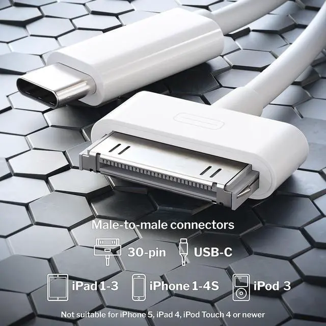 Alt view image 2 of 7 - 30-Pin to USB C Adapter Cable for iPhone 4S/4/3G/3/1, iPad 3/2/1, iPod 3 3ft Male to Male, White (Next-Generation Data/Charging Cable from USB-C to Dock Connector)