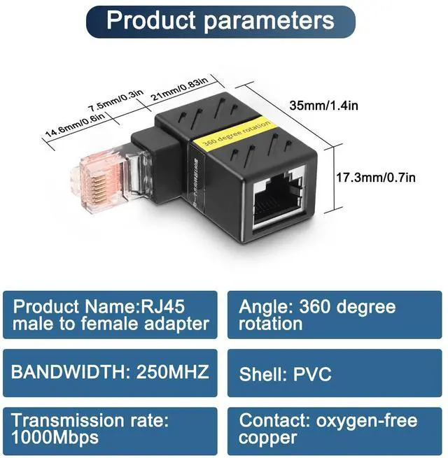 Alt view image 7 of 7 - 2 Pcs 360 Degree Ethernet AdapterGigabit 90 Degree Angle Network LAN Cat5 Cat6 Extension Adapter1000Mbps RJ45 8P8C Male to Female Connector for Computers, Laptops, Routers