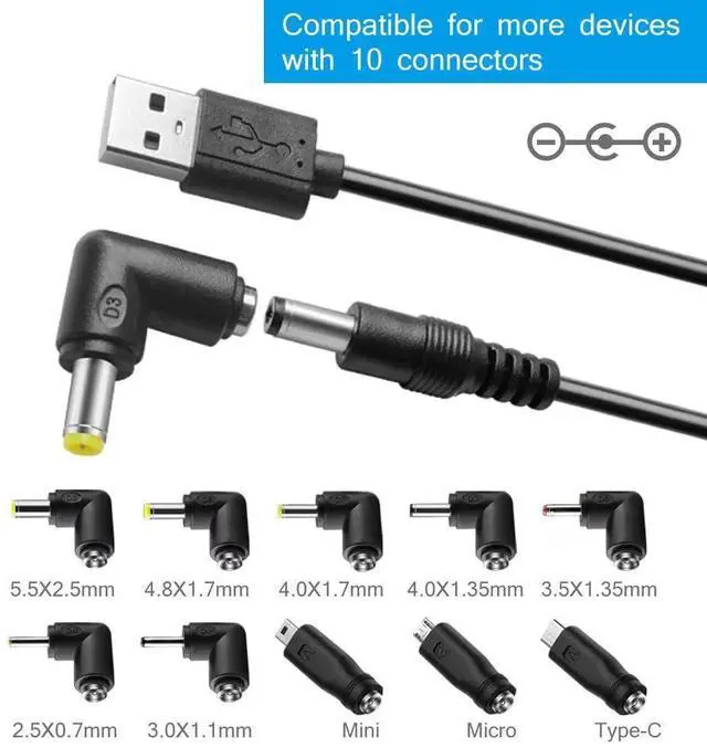 Alt view image 2 of 6 - DC 5V Power Cord, USB to DC 5.5x2.1mm Plug Charging Cable with 10 Connector Tips(5.5x2.5, 4.8x1.7, 4.0x1.7, 4.0x1.35, 3.5x1.35, 3.0x1.1, 2.5x0.7, Micro, Type-C, Mini USB)