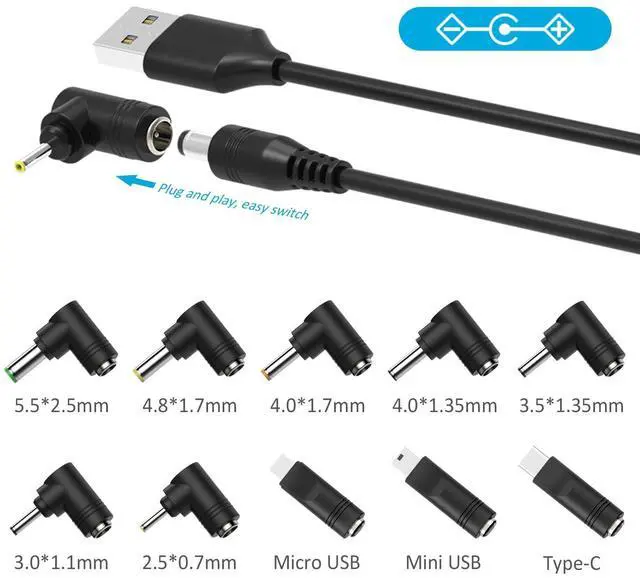 Alt view image 2 of 7 - 10-in-1 Universal 5V DC Power Cable,USB to DC 5.5×2.1mm Plug with Type-C, Micro USB, Mini USB and More, 5FT Charging Cord for Router, LED Light, Mini Fan, Bluetooth Speaker etc.