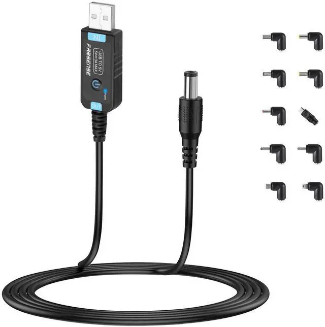 Main image of USB to DC 5V Power Cord, Universal DC 5.5x2.1mm Barrel Plug Charging Cable(3FT) with 10 Connector Tips,USB to Barrel Plug 5V Power Cable with On/Off Switch and Led Indicator