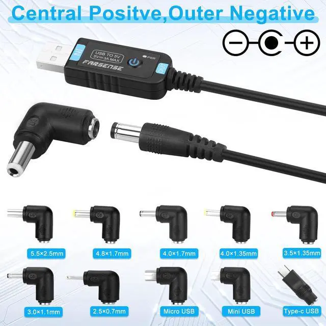 Alt view image 7 of 7 - USB to DC 5V Power Cord, Universal DC 5.5x2.1mm Barrel Plug Charging Cable(3FT) with 10 Connector Tips,USB to Barrel Plug 5V Power Cable with On/Off Switch and Led Indicator