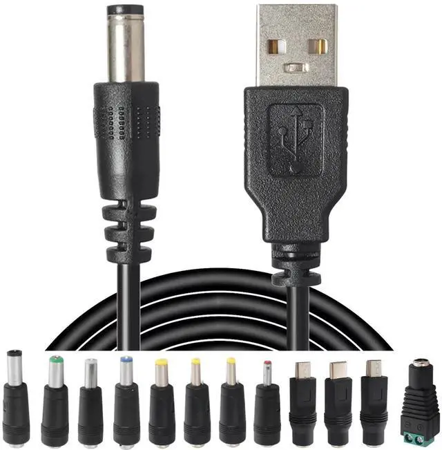 Main image of USB to DC Power Charging Cable with 12pcs DC Barrel Jack Universal Power Adapter Tips USB 2.0 to DC 5.5x2.1mm Plug Micro USB Type-C Connector Compatible Flashlight Camera & More