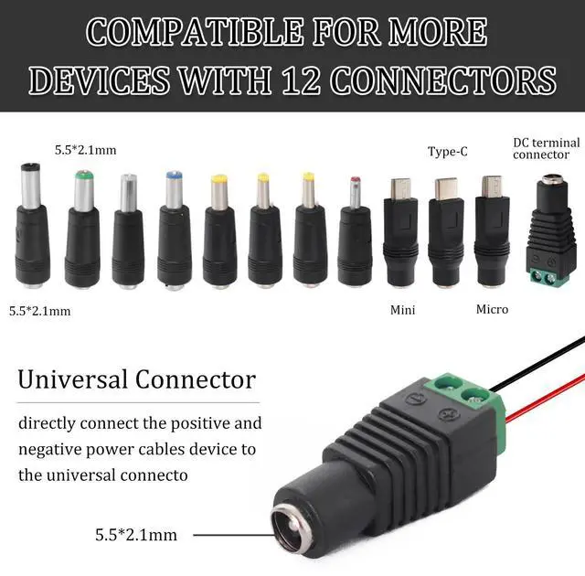 Alt view image 2 of 6 - USB to DC Power Charging Cable with 12pcs DC Barrel Jack Universal Power Adapter Tips USB 2.0 to DC 5.5x2.1mm Plug Micro USB Type-C Connector Compatible Flashlight Camera & More