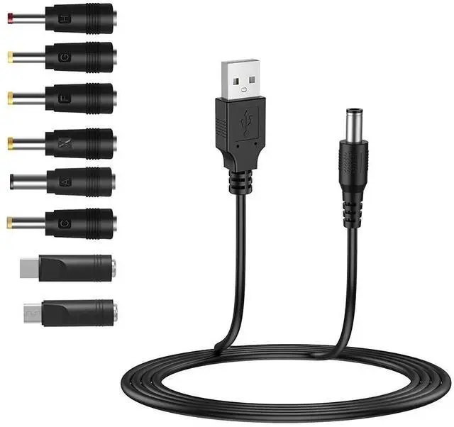 Main image of USB to DC 5V Power Cord, Universal DC 5.5x2.1mm Cable with 8 Connectors (6.4x4.4, 5.5x2.5, 4.8x1.7, 4.0x1.7, 3.5x1.35, 2.5x0.7, Micro USB, Type-C), for Router,Mini Fan,Speaker More 5V Devices