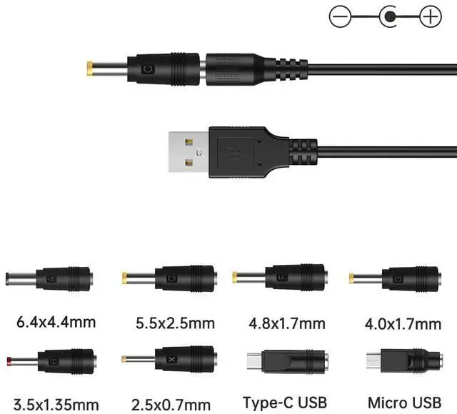 Alt view image 3 of 7 - USB to DC 5V Power Cord, Universal DC 5.5x2.1mm Cable with 8 Connectors (6.4x4.4, 5.5x2.5, 4.8x1.7, 4.0x1.7, 3.5x1.35, 2.5x0.7, Micro USB, Type-C), for Router,Mini Fan,Speaker More 5V Devices