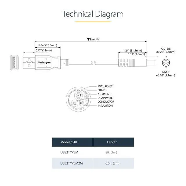 Alt view image 3 of 4 - 3FT USB to Type M Barrel DC Power Cable