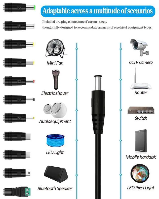 Alt view image 2 of 5 - USB to DC 5V Power Cable, Universal DC 5.5x2.1mm Plug Charging Cord with 11 Connectors Tips(6.3x3.0, 5.5x2.5, 4.8x1.7, 4.0x1.7, 3.5x1.35, 3.0x1.1, 2.5x0.7, Type-C, Micro USB, Mini USB, LED Jack) 5 FT