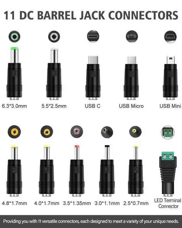 Alt view image 3 of 5 - USB to DC 5V Power Cable, Universal DC 5.5x2.1mm Plug Charging Cord with 11 Connectors Tips(6.3x3.0, 5.5x2.5, 4.8x1.7, 4.0x1.7, 3.5x1.35, 3.0x1.1, 2.5x0.7, Type-C, Micro USB, Mini USB, LED Jack) 5 FT