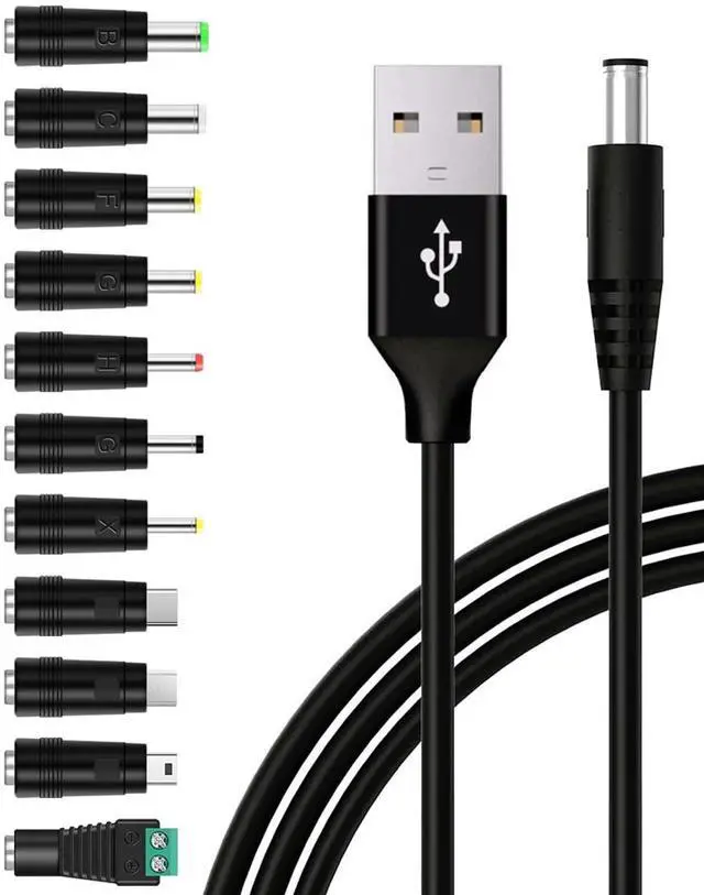 Main image of USB to DC 5V Power Cable, Universal DC 5.5x2.1mm Plug Charging Cord with 11 Connectors Tips(6.3x3.0, 5.5x2.5, 4.8x1.7, 4.0x1.7, 3.5x1.35, 3.0x1.1, 2.5x0.7, Type-C, Micro USB, Mini USB, LED Jack) 5 FT