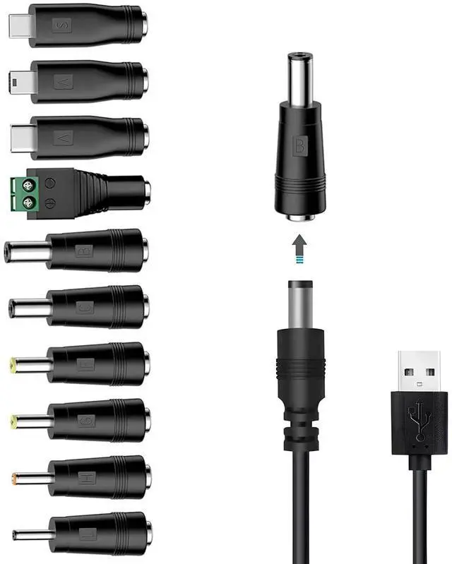 Main image of Universal Charger Power Cable, 5V USB to DC 5.5x2.1mm,with 10 Connectors (Micro-USB, Type-C, Mini USB, 2.5x0.7, 3.0x1.1, 3.5x1.35...) for Lamp,Mini Fan, Camera,Mobile Phone, USB Power Bank Charging