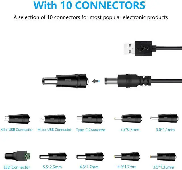 Alt view image 3 of 7 - Universal Charger Power Cable, 5V USB to DC 5.5x2.1mm,with 10 Connectors (Micro-USB, Type-C, Mini USB, 2.5x0.7, 3.0x1.1, 3.5x1.35...) for Lamp,Mini Fan, Camera,Mobile Phone, USB Power Bank Charging