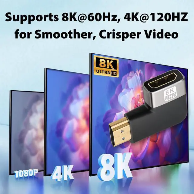 Alt view image 4 of 7 - ! 90 Degree & 270 Degree Right Angle HDMI Adapter 2 Pack, HDMI Coupler for Tight Space, 8K@60Hz 4K@120Hz HDMI 2.1 Extension Connector, Gold Plated Compact Design