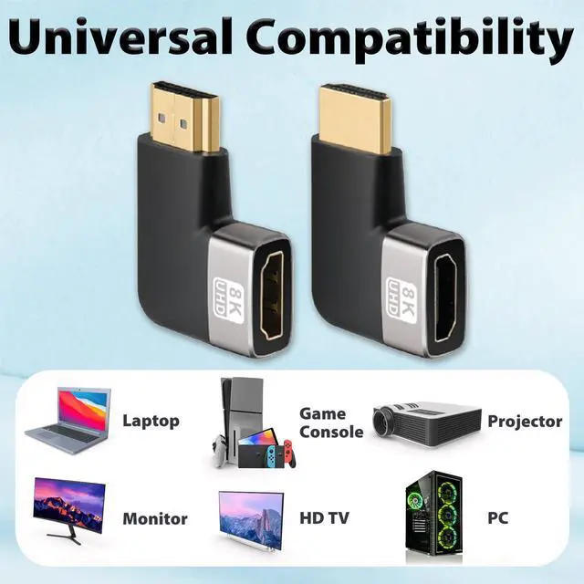 Alt view image 5 of 7 - ! 90 Degree & 270 Degree Right Angle HDMI Adapter 2 Pack, HDMI Coupler for Tight Space, 8K@60Hz 4K@120Hz HDMI 2.1 Extension Connector, Gold Plated Compact Design