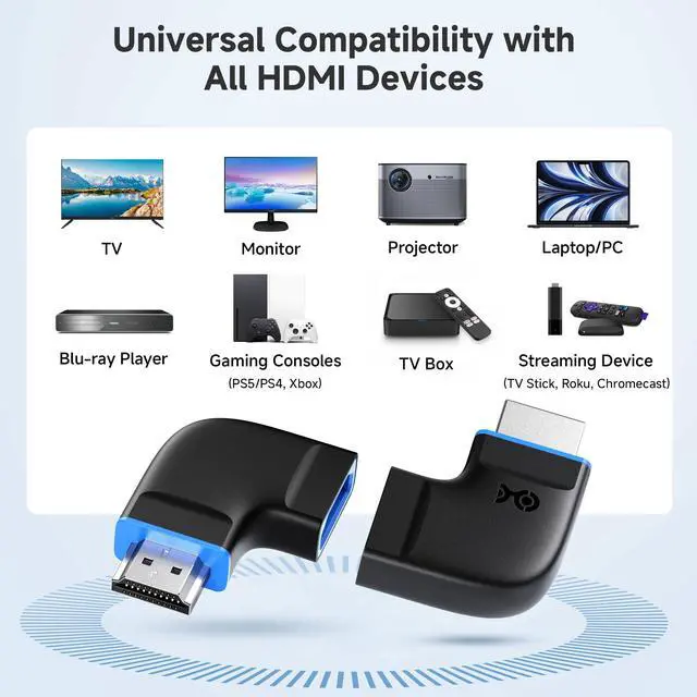 Alt view image 6 of 7 - Combo-Pack 8K Flat Right Angle HDMI 2.1 Adapter with HDR, Supports 8K@60Hz / 4K@240Hz, 270 Degree and 90 Degree HDMI Adapter, Black