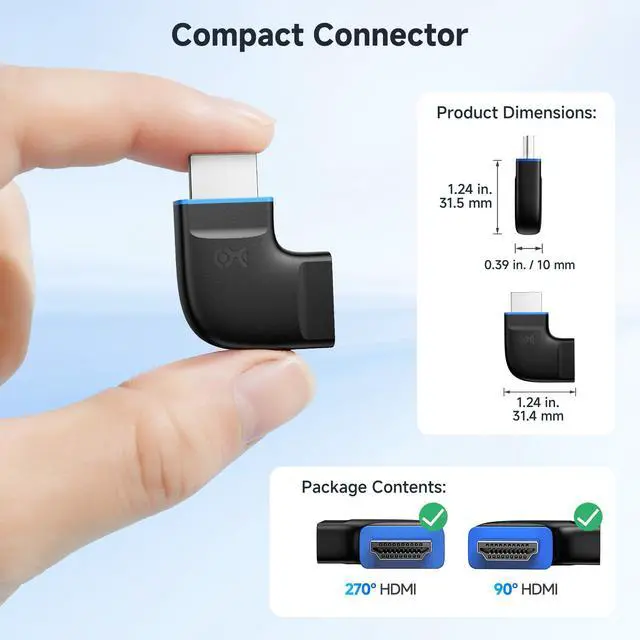 Alt view image 5 of 7 - Combo-Pack 8K Flat Right Angle HDMI 2.1 Adapter with HDR, Supports 8K@60Hz / 4K@240Hz, 270 Degree and 90 Degree HDMI Adapter, Black