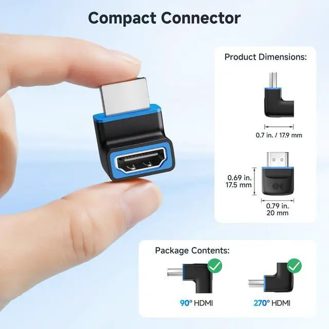 Alt view image 5 of 7 - Combo-Pack 48Gbps 8K Right Angle HDMI 2.1 Adapters with HDR, Supports 8K@60Hz / 4K@240Hz, 270 Degree and 90 Degree HDMI Adapter Male to Female, Black