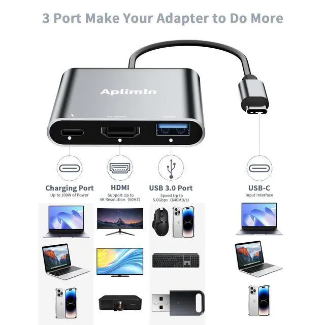 Alt view image 7 of 7 - USB C to HDMI Adapter, 4K@60Hz HDMI to USB-C Adapter with USBA 3.0 & 100W PD Port Multiport Digital AV Converter for MacBook Pro/Air, iPad, iPhone 15/16, Tablets, Switch, TV, Monitor and More