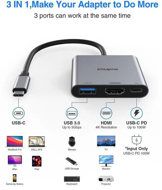 Alt view image 4 of 6 - USB C to HDMI Adapter 4K USB Type C Hub Adapter Multiport AV Converter with 100W PD, USBA 3.0 Port for MacBook Pro MacBook Air 2019/2018 iPad Pro 2019