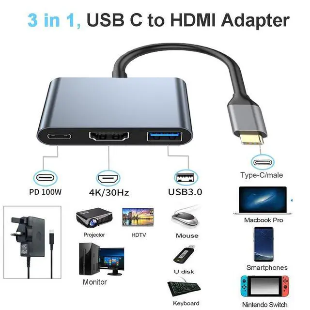 Alt view image 3 of 7 - USB C to 4K HDMI Multiport Adapter, USB C Hub with 4K HDMI USB 3.0 100W PD Charging for Mac, Type-C Digital AV Multiport Adapter Converter for MacBook Pro/air, iPad Pro & USB Type C Device