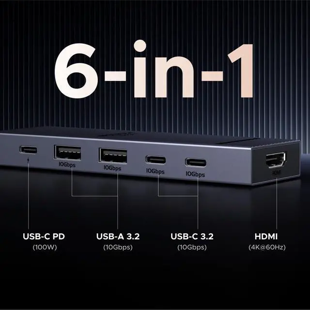 Alt view image 2 of 6 - Revodok Pro USB-C Hub 6 in 1 10Gbps 4K 60Hz HDMI, 100W Power Delivery for MacBook Neo/Pro/Air, iPad Pro, Thinkpad Rog Ally and More.