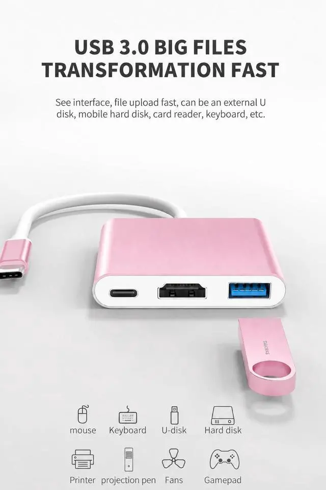 Alt view image 4 of 6 - USB C to HDMI Adapter, 4K USB C Hub with 100W PD, USBA 3.0 Port, HDMI to USBC Multiport Digital AV Converter for MacBook Pro/Air, iPad, Tablets, TV, Monitor and More (Pink)