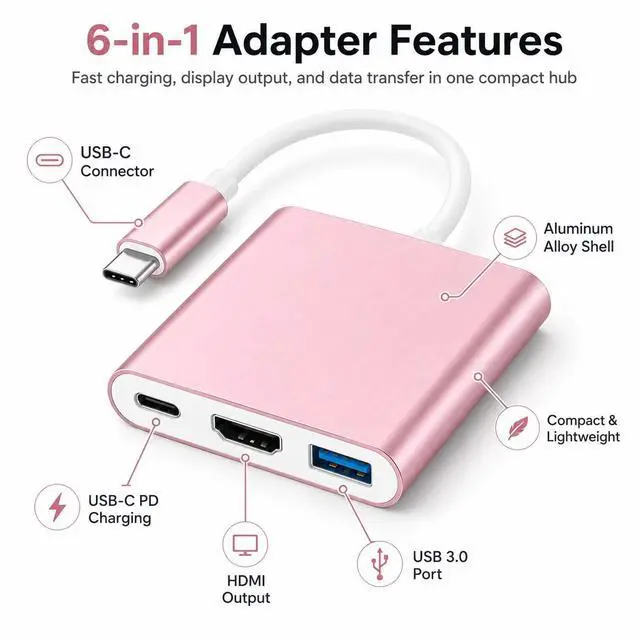 Alt view image 6 of 6 - USB C to HDMI Adapter, 4K USB C Hub with 100W PD, USBA 3.0 Port, HDMI to USBC Multiport Digital AV Converter for MacBook Pro/Air, iPad, Tablets, TV, Monitor and More (Pink)