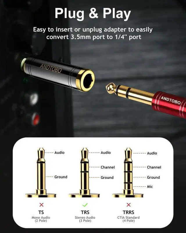 Alt view image 4 of 7 - 3.5mm Male to 1/4'' Female Stereo Pure Copper Headphone Adapter,3.5mm(1/8'') Plug Male to 6.35mm (1/4'') Jack Female Stereo Adapter for Headphone, Amp Adapte, Black 1-Pack