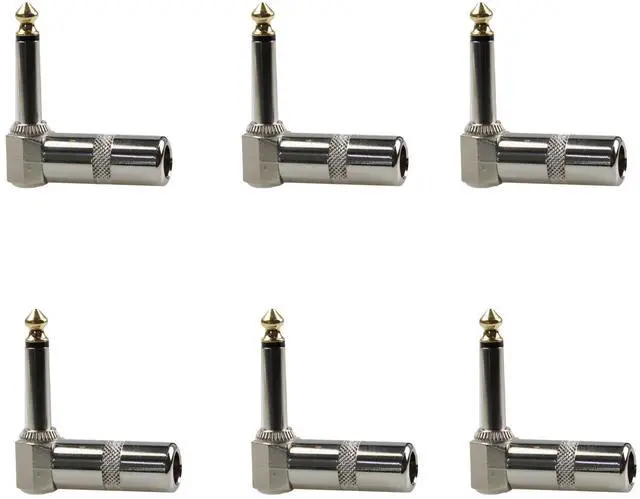 Main image of 6Pcs Mono 1/4" Right Angle Plugs, 6.35mm Brass TS Male Audio Connectors, 90 Degree Nickel Finish Video Adapter for Guitar, Speaker, Microphone Cables