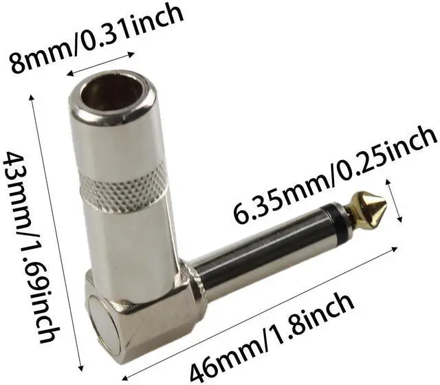 Alt view image 2 of 6 - 6Pcs Mono 1/4" Right Angle Plugs, 6.35mm Brass TS Male Audio Connectors, 90 Degree Nickel Finish Video Adapter for Guitar, Speaker, Microphone Cables