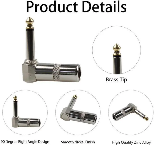 Alt view image 4 of 6 - 6Pcs Mono 1/4" Right Angle Plugs, 6.35mm Brass TS Male Audio Connectors, 90 Degree Nickel Finish Video Adapter for Guitar, Speaker, Microphone Cables