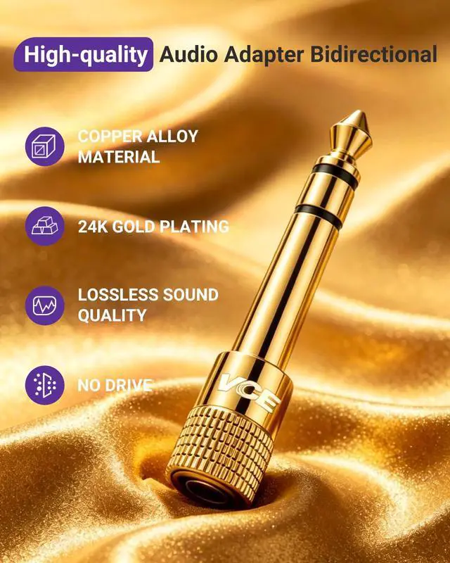 Alt view image 3 of 7 - 6.35mm Male to 3.5mm Female 1/4 inch to 1/8 inch 24K Stereo Audio Jack Adapter for Aux Cable, Guitar Amplifier, Headphone, 2 Pack
